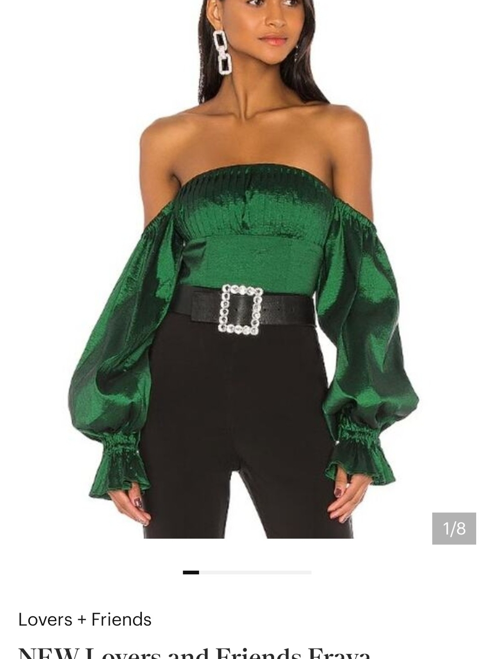 Lovers + Friends Shimmering Emerald Off-Shoulder Puff/Bishop Sleeve Top
